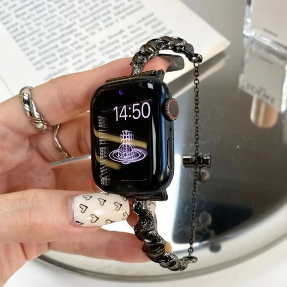 Apple Watch Band Adjustable Slim Stylish Strap Silver Stainless Chain - Black - Picture 2 of 7